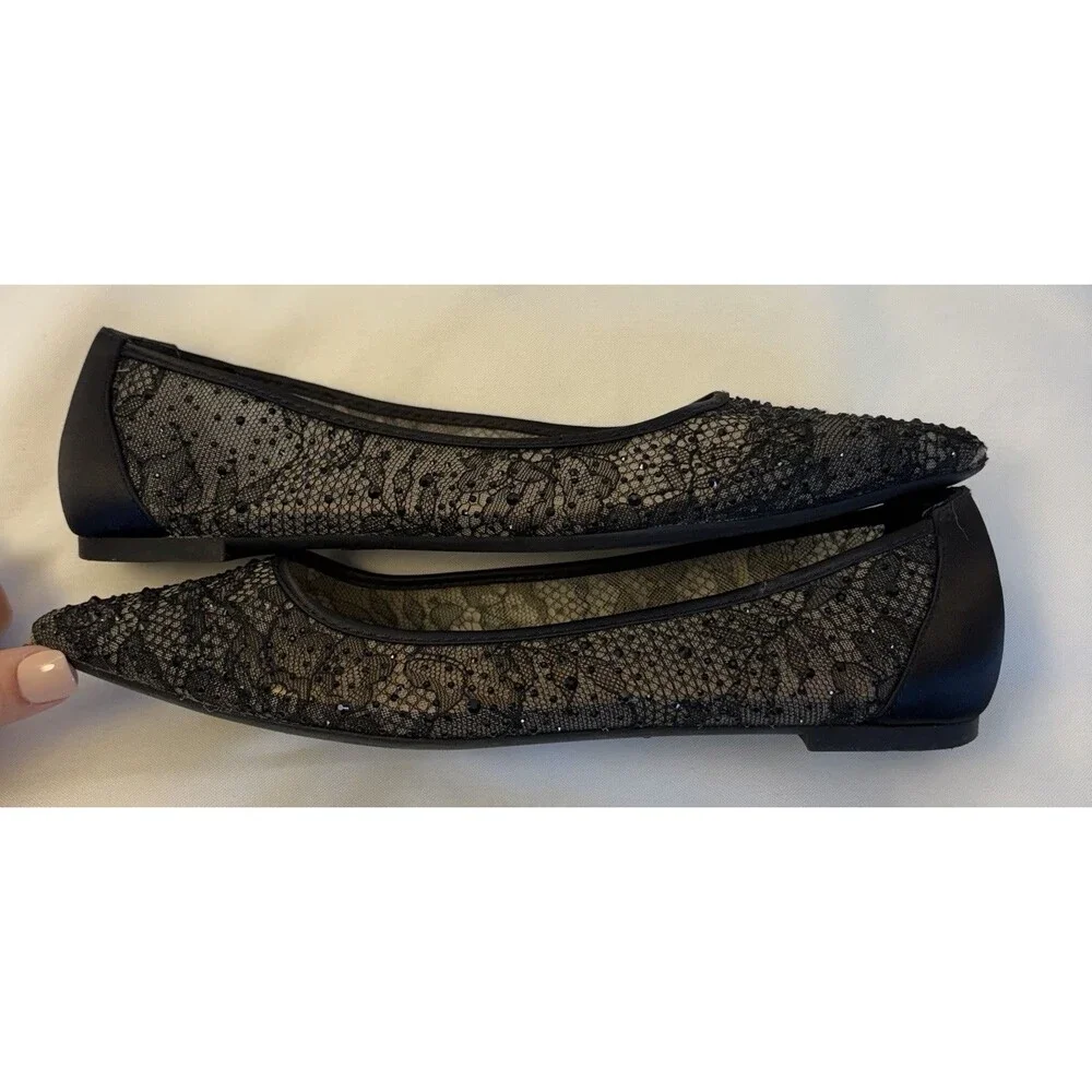 Jewel Badgley Mischka Juliana Black Ballet Flats US 8.5 Mesh Lace Pointed Toe